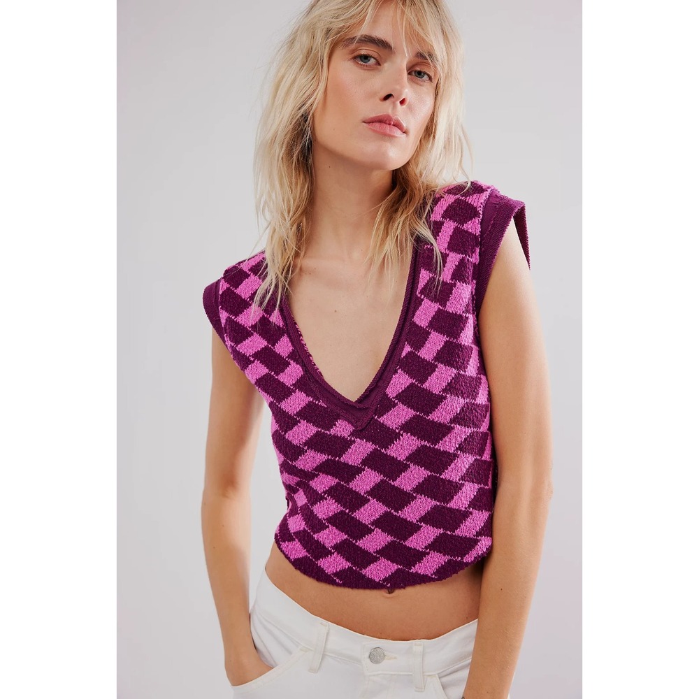 Free People Women Lola‎ Knit Top Vest Sz S Combo Purple Geometric Cotton Blend